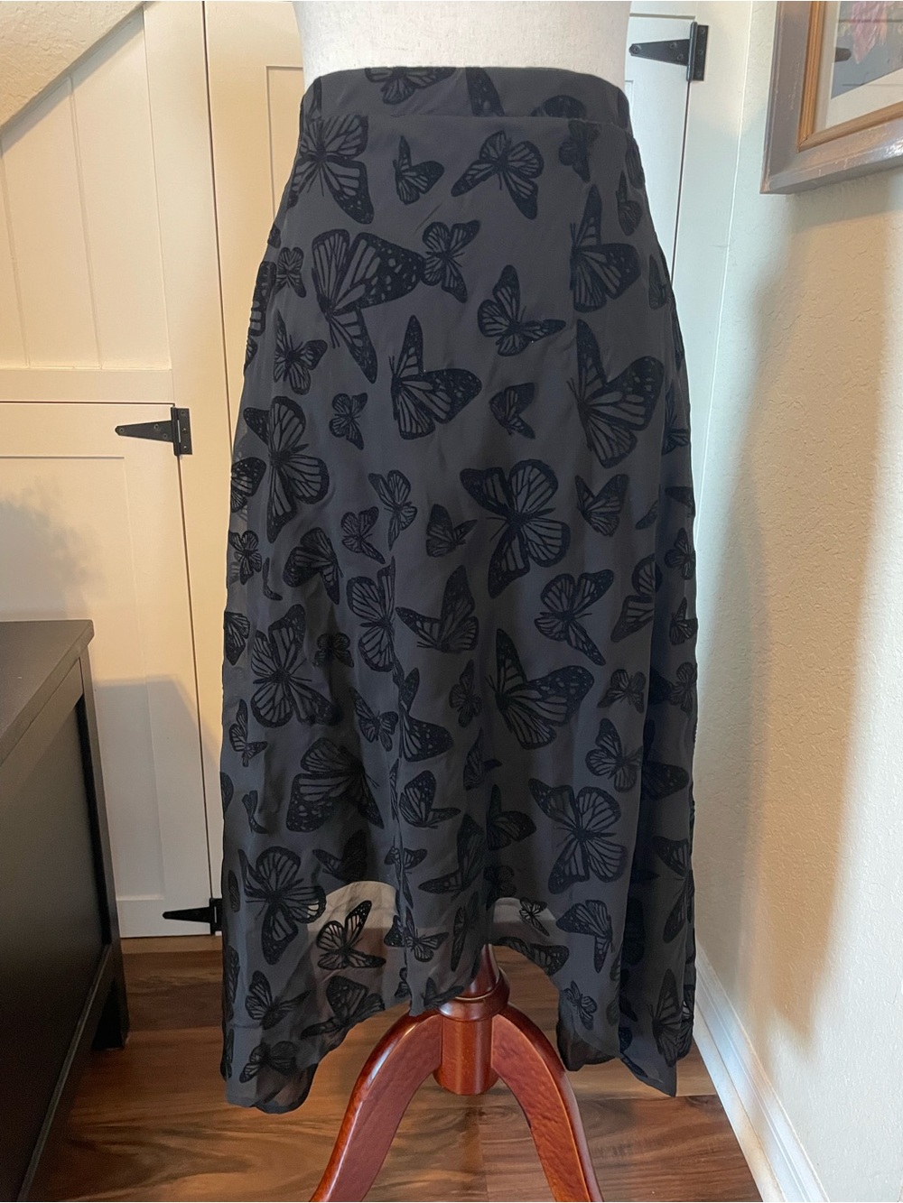 Cosmic Aura Hot Topic Black Butterfly Burnout Chiffon Hanky Hem Midi Skirt M